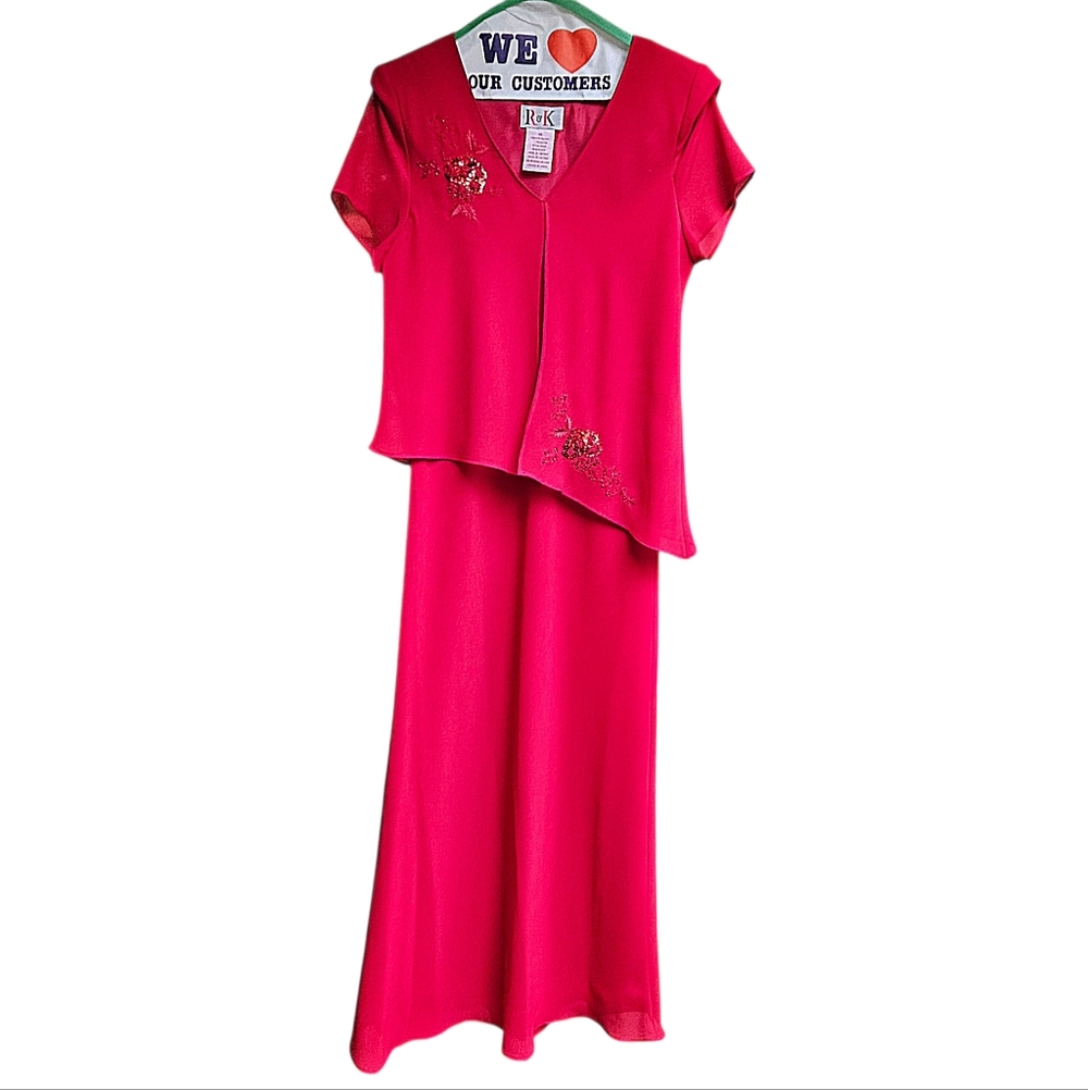 Vintage R&K Vibrant Red Asymmetrical Short Sleeve Overlay Sequin Maxi Dress 10